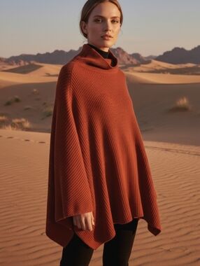 Ulla Johnson Rib Knit Alpaca Blend Funnel Neck Sweater Poncho Terracotta XS